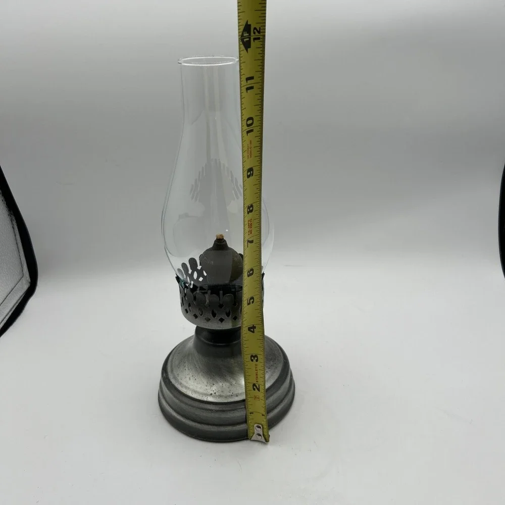 Hollowick Oil Lamp Vintage Silver Glass Chimney Rustic Farmhouse Table Lighting